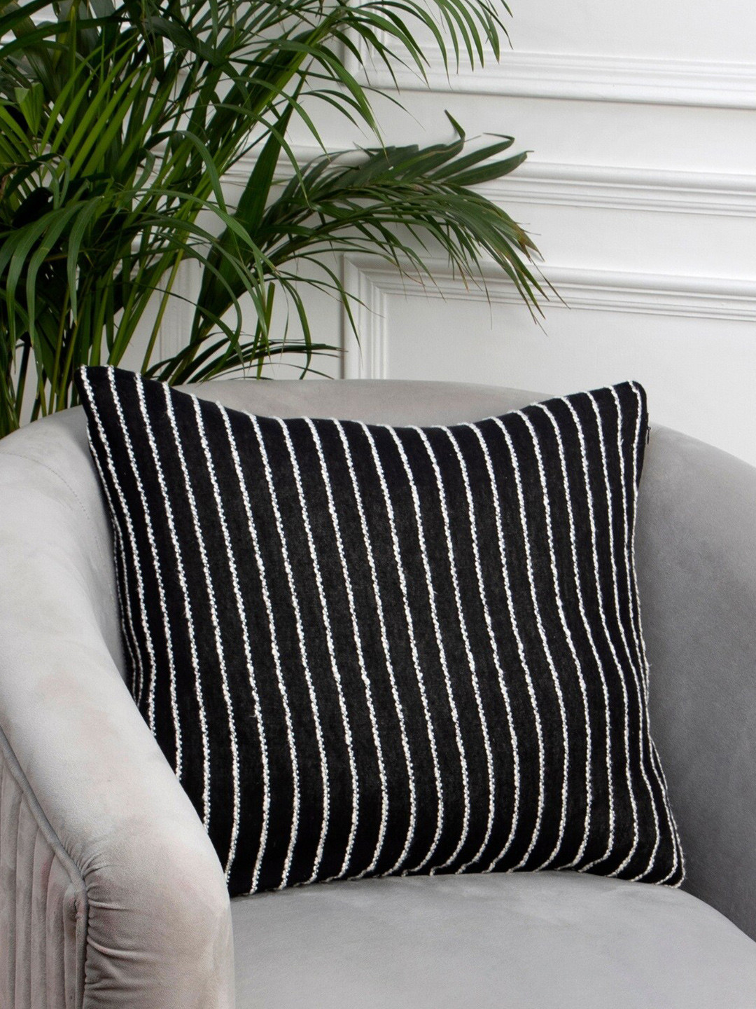 Buy Aditi Wasan Black & White Striped Square Cotton Cushion Cover