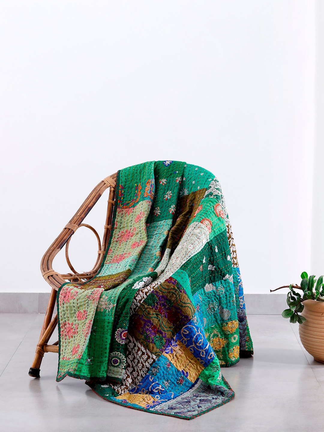 Buy HANDICRAFT PALACE Green & Blue Embroidered Cotton Throws - Throws ...