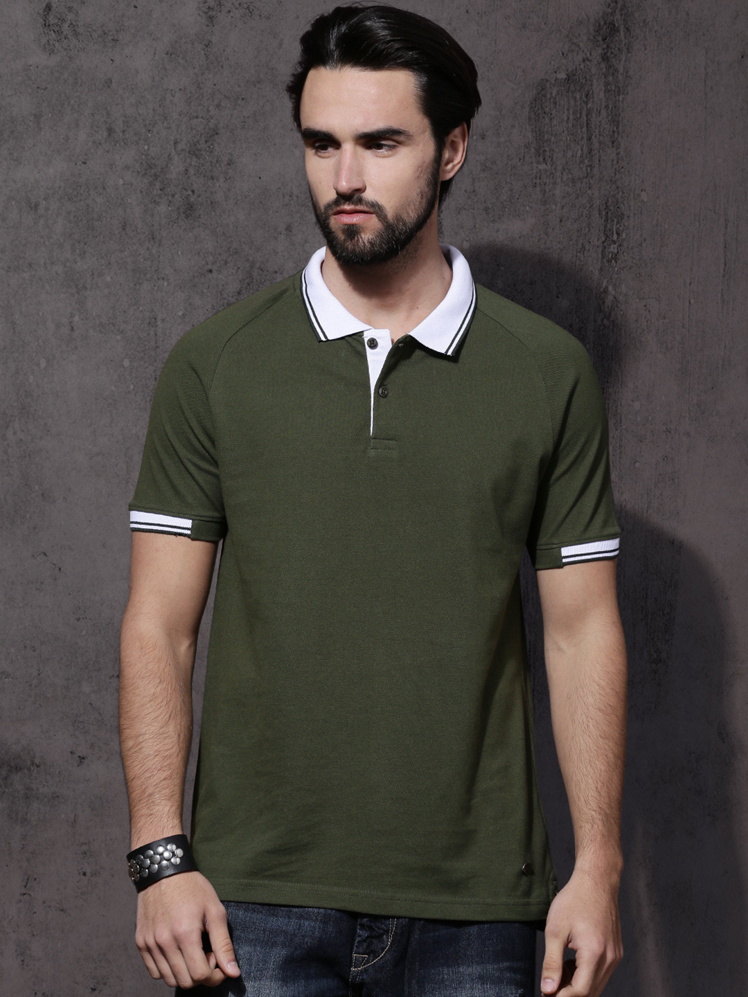 Buy Roadster Men Olive Green Solid Polo Collar Pure Cotton T Shirt