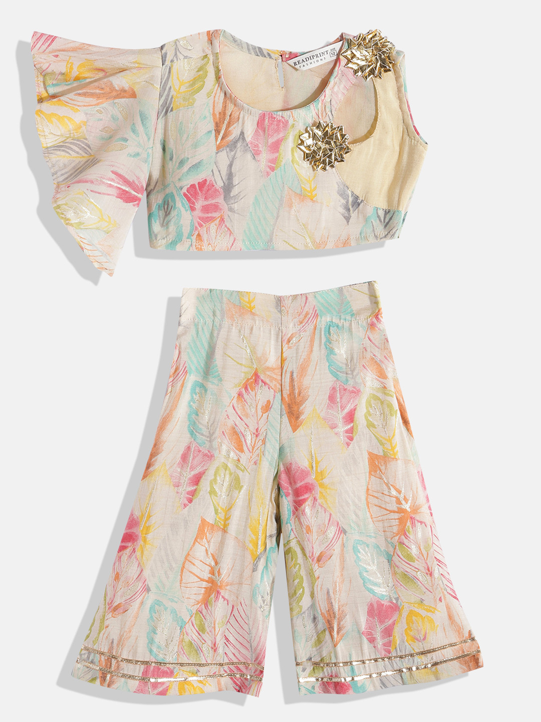 Girls Floral Printed Gotta Patti Bell Sleeves Pure Cotton Top With Palazzos