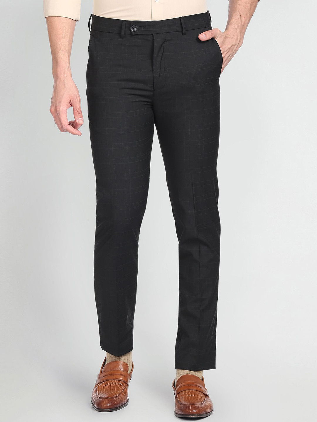 Buy Arrow New York Men Checked Slim Fit Mid Rise Formal Trousers ...