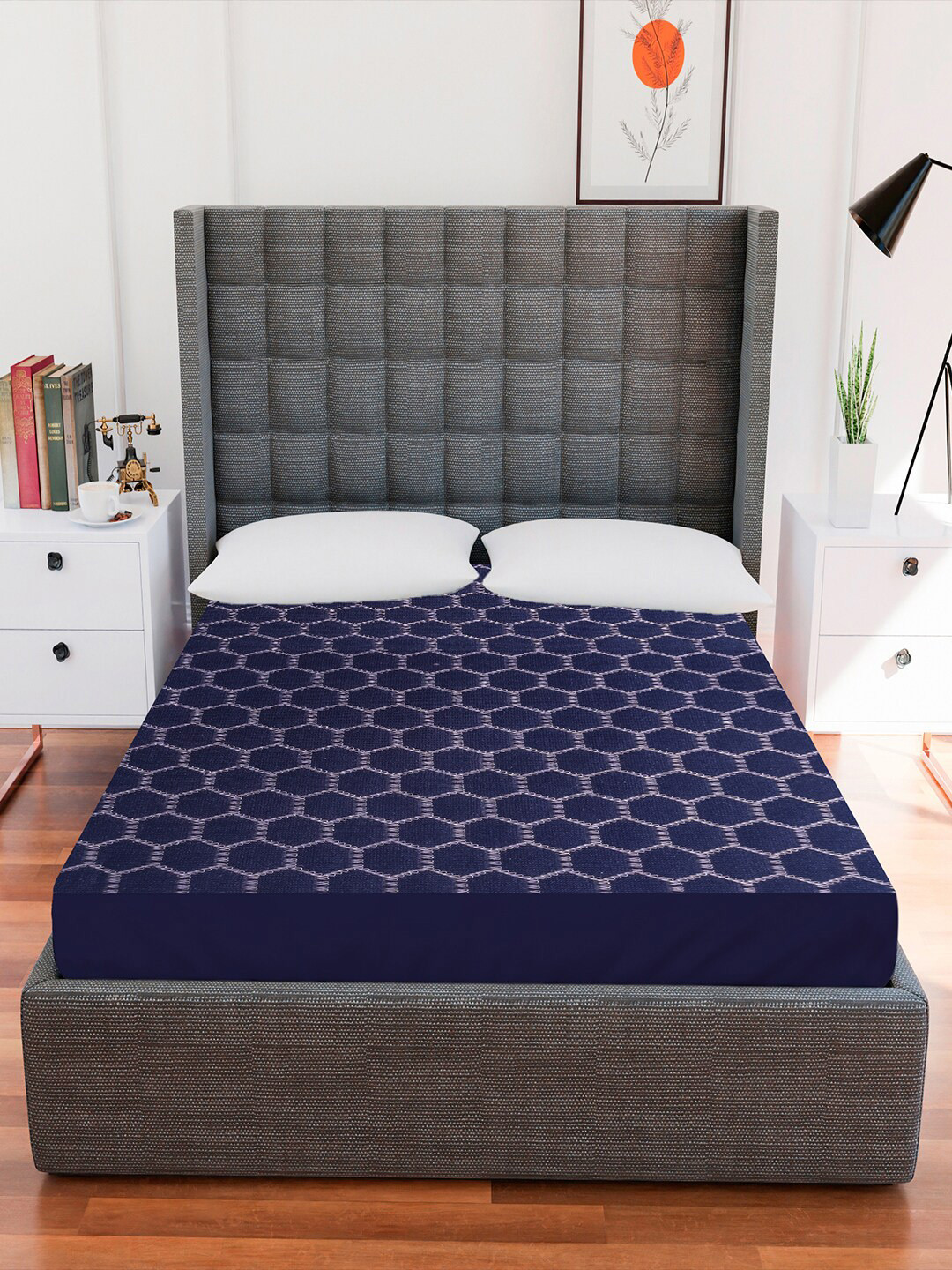 Buy AVI Navy Blue Self Design Waterproof Deep Skirting Double Bed