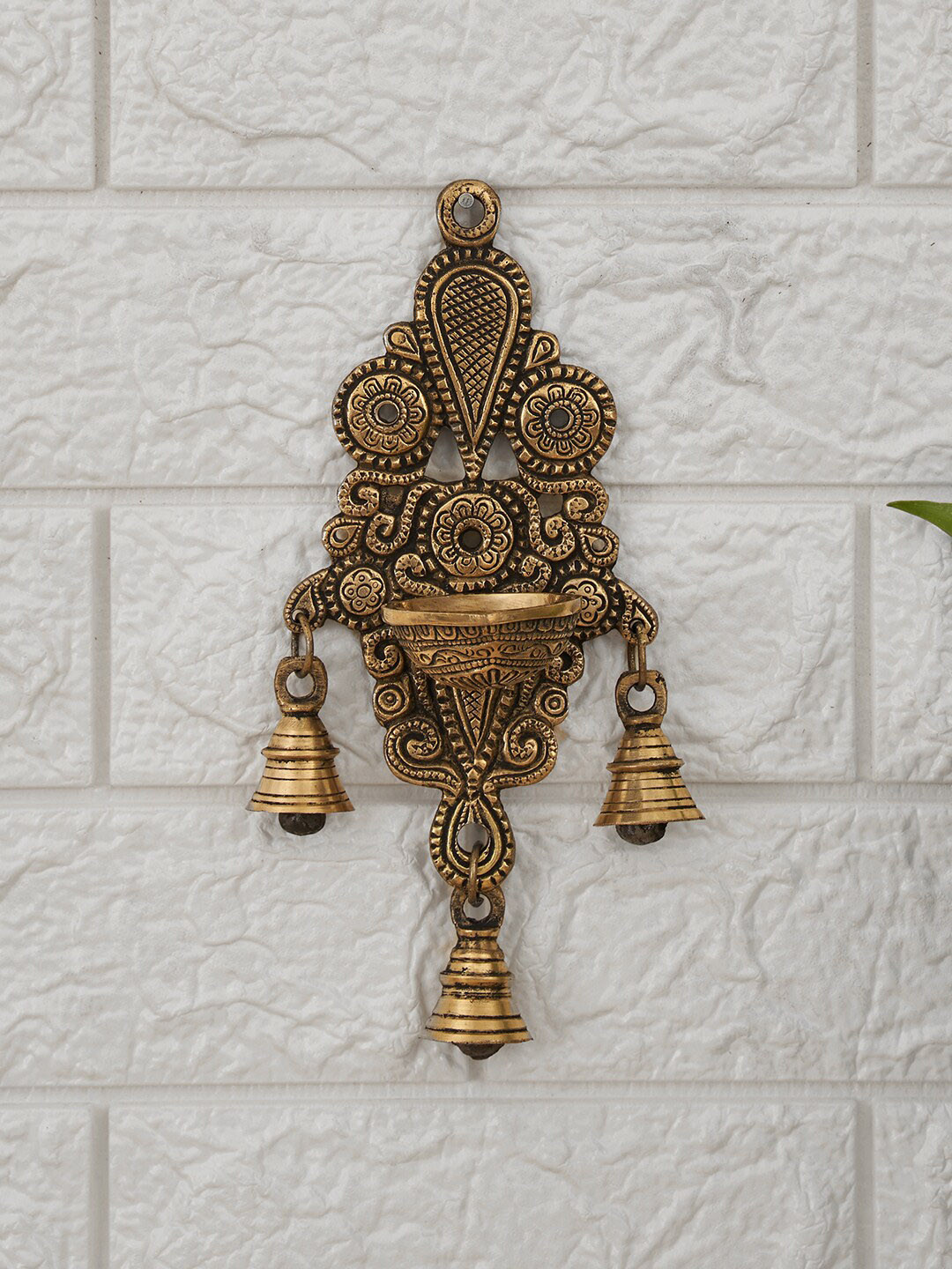 Buy DecorTwist Gold Toned Brass Wall Fixed Hanging Diya With Bells