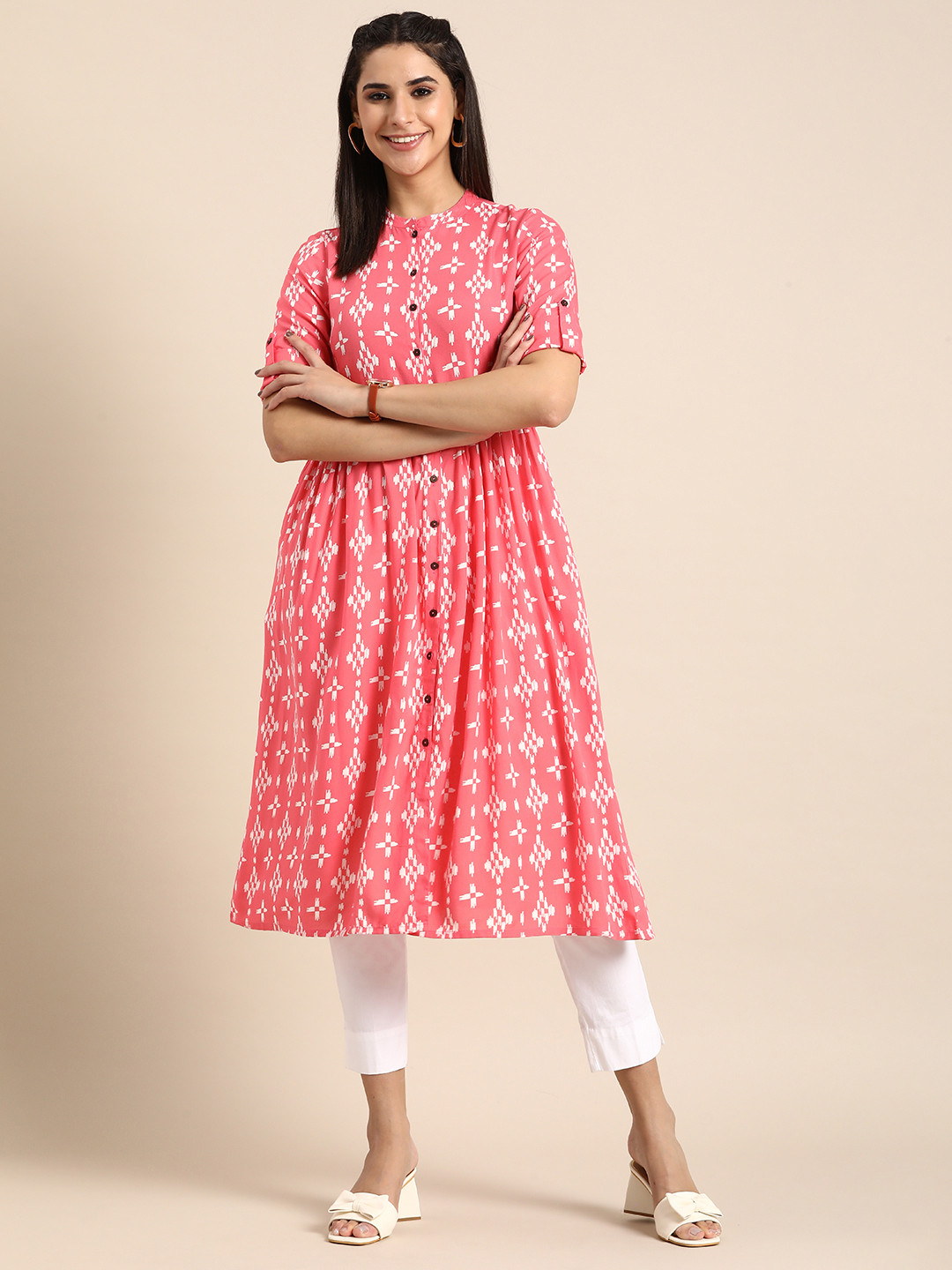 Buy Anouk Geometric Print Mandarin Collar Roll Up Sleeves Pastels