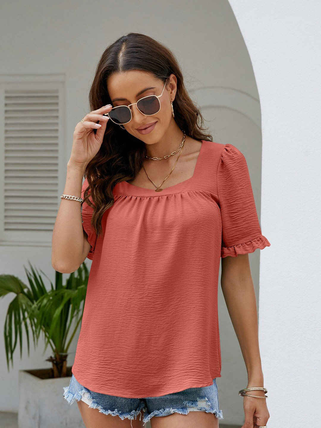 Women Orange Square Neck Front Open Top