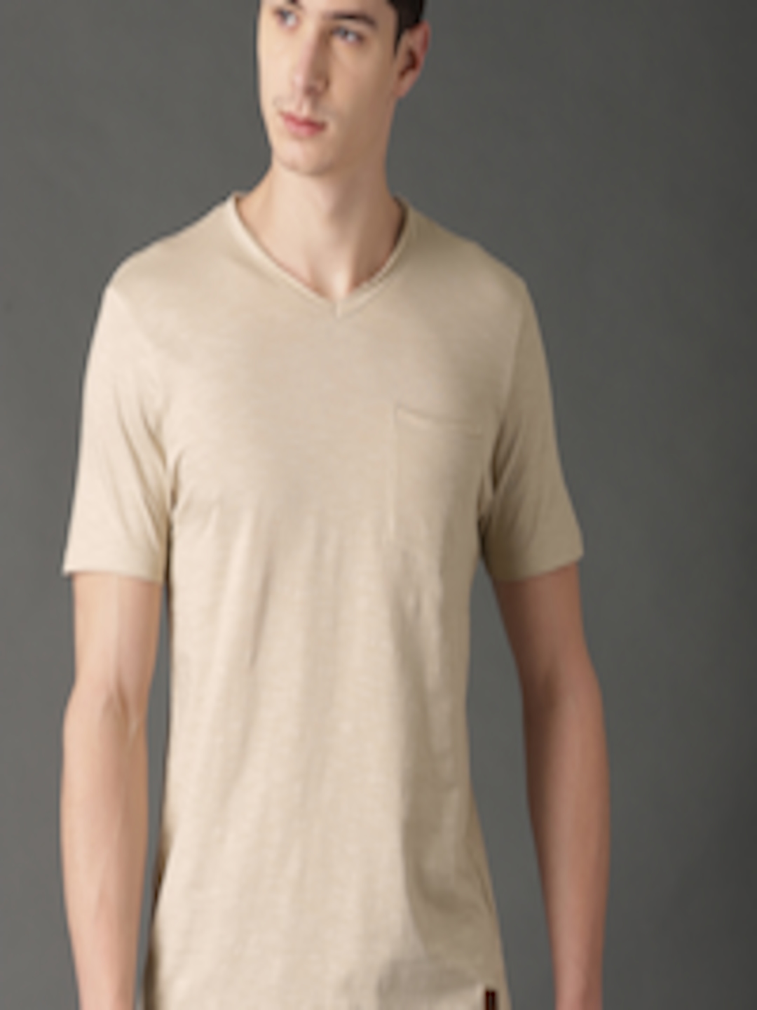 Buy Roadster Men Beige Solid V Neck T Shirt - Tshirts for Men 2306178 ...