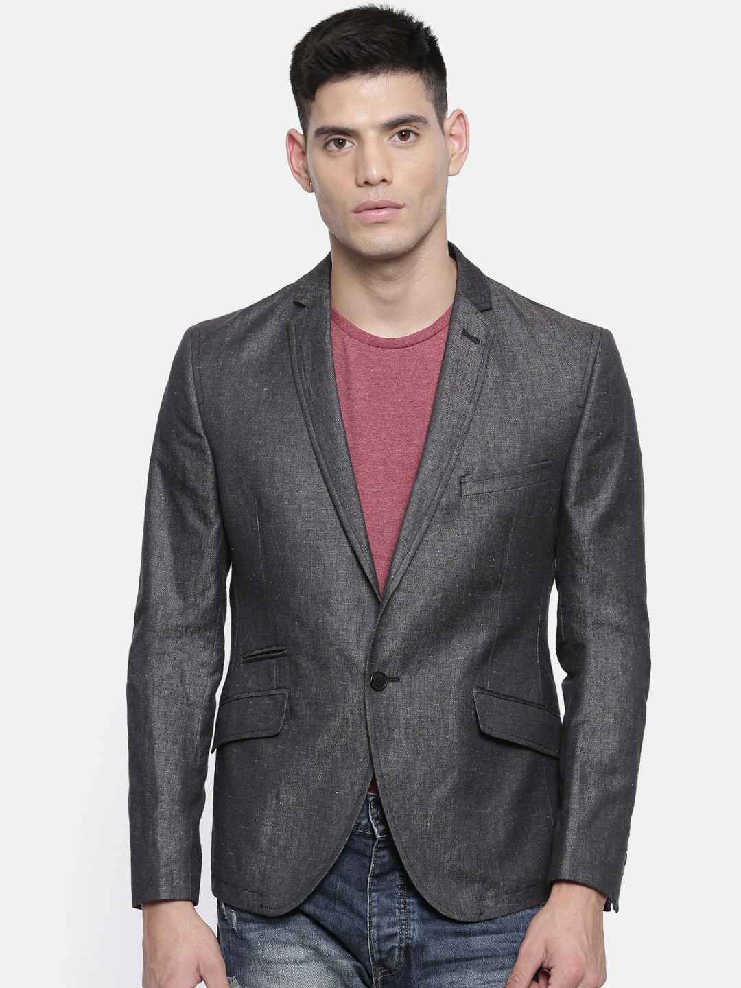 Buy Theme Men Charcoal Grey Solid Regular Fit Single Breasted Casual