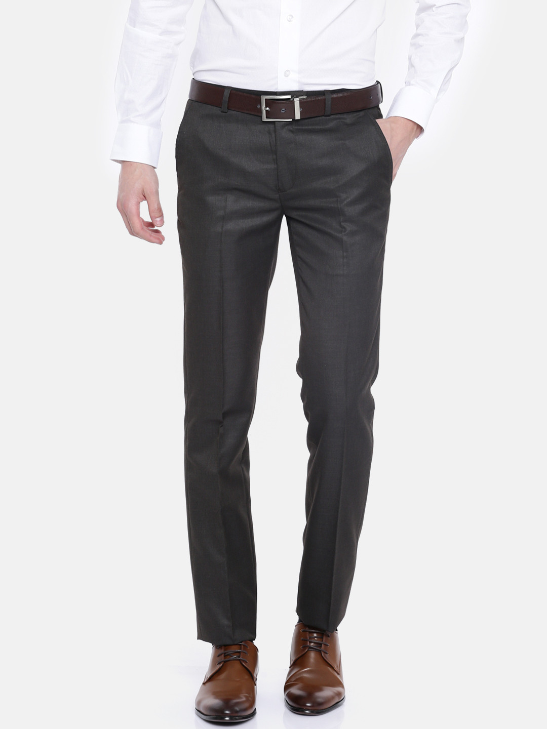Buy Theme Men Brown Tapered Fit Solid Formal Trousers Trousers for