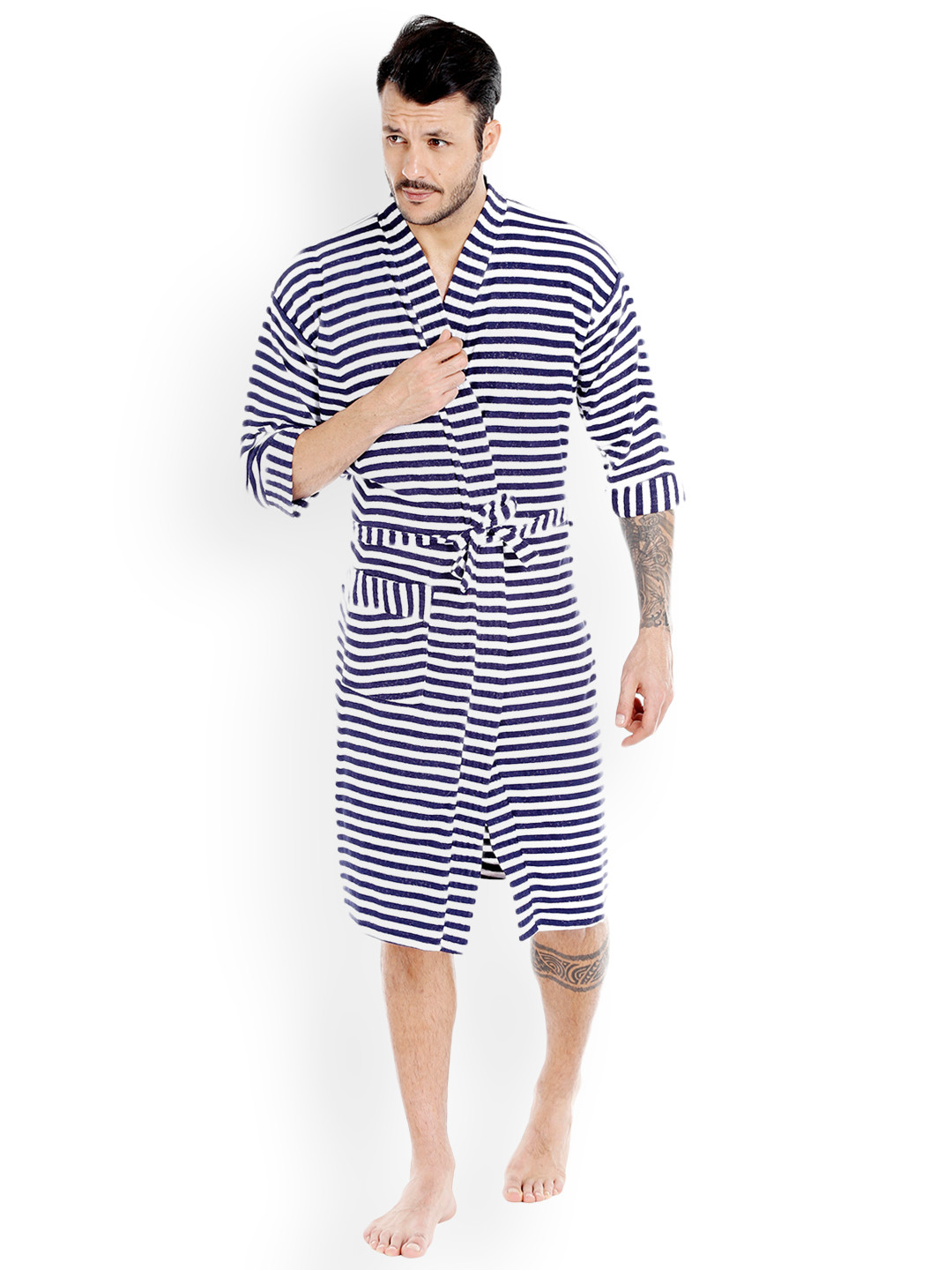 Buy Sand Dune Navy Blue & White Striped Bathrobe Bath Robe for Men 2306609 Myntra
