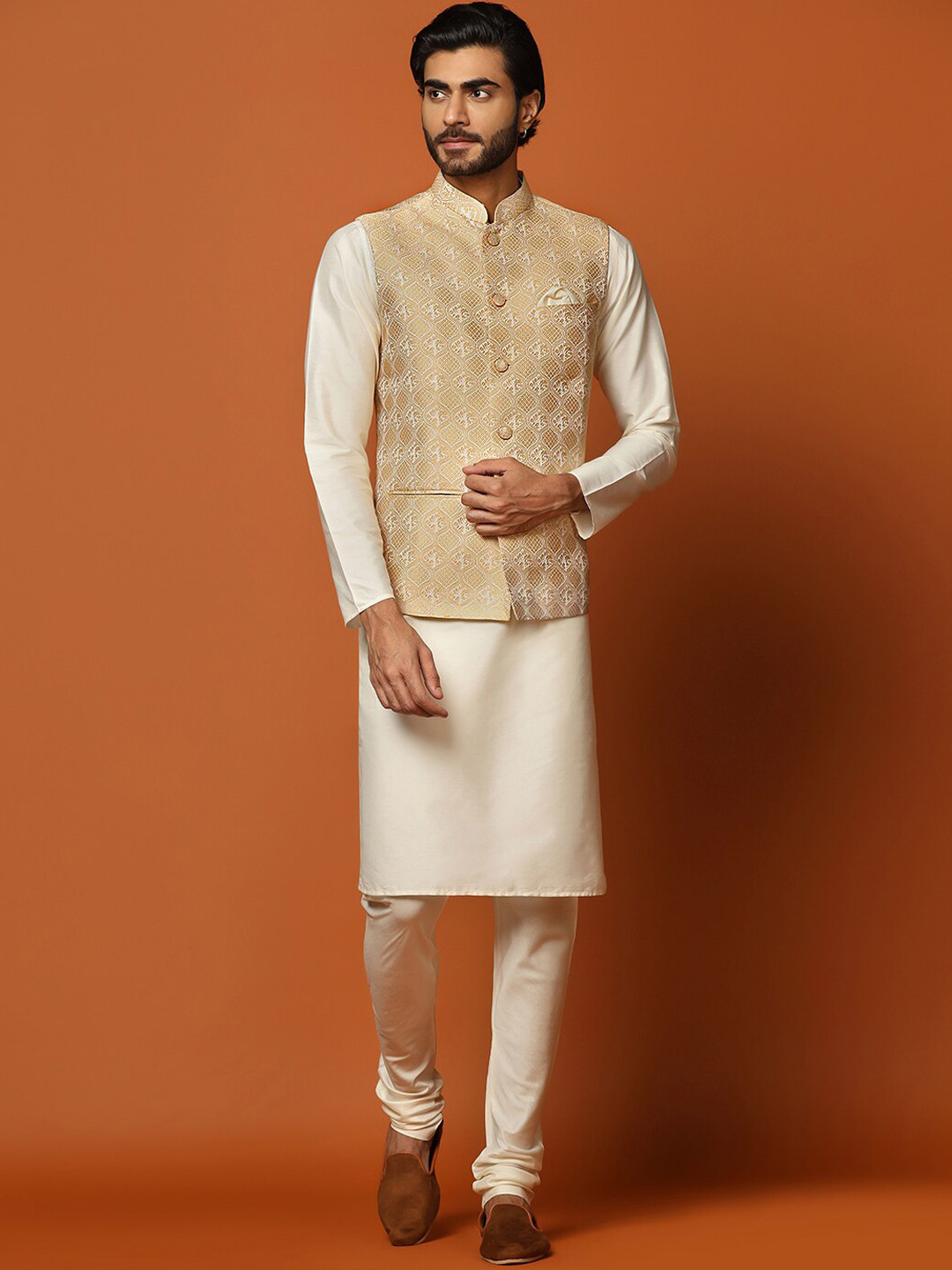 Buy KISAH Mandarin Collar Kurta With Churidar & Woven Design Nehru