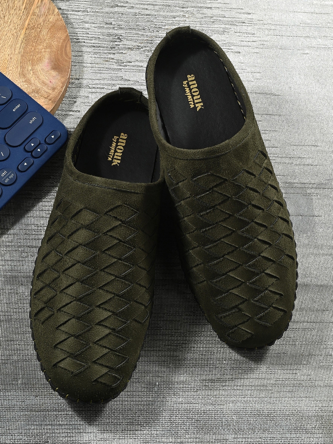 Buy Anouk Men Olive Green & Black Suede Woven Design Shoe Style Sandals ...