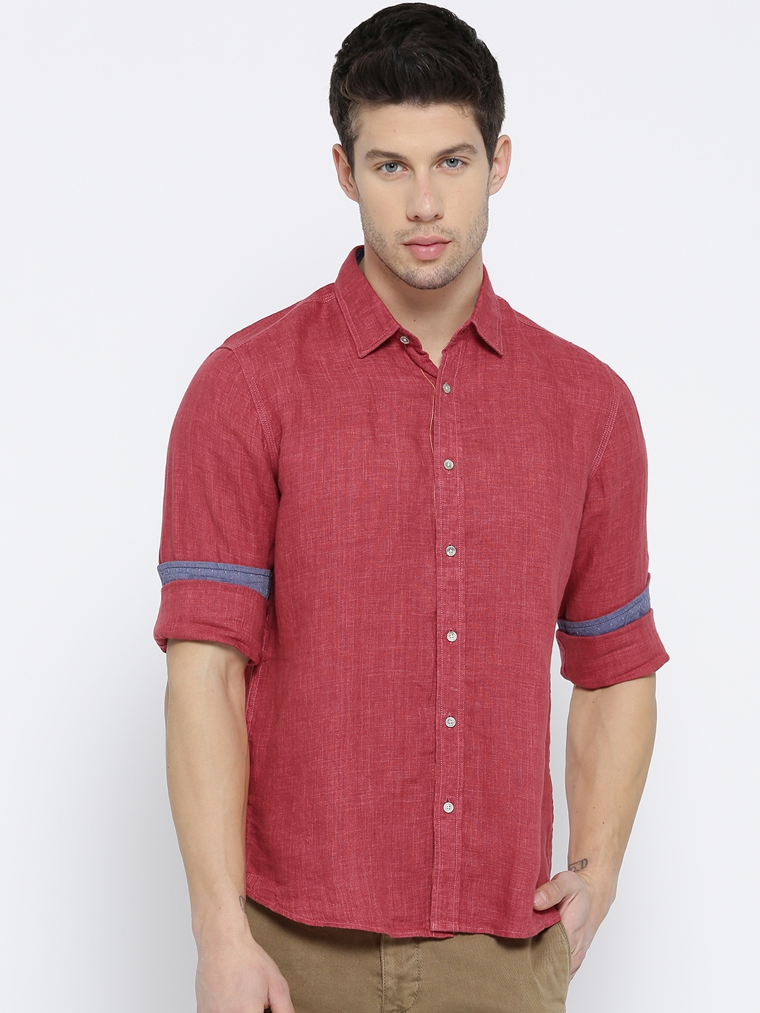 Buy Blackberrys Men Coral Red Slim Fit Linen Casual Shirt - Shirts for ...