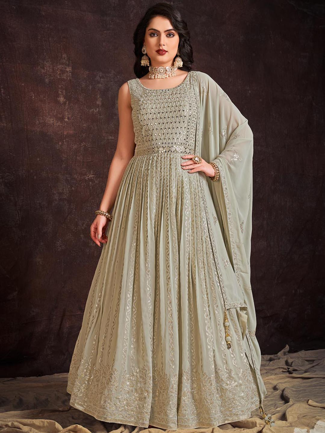 Embellished Square Neck Gown Maxi Georgette Ethnic Dress