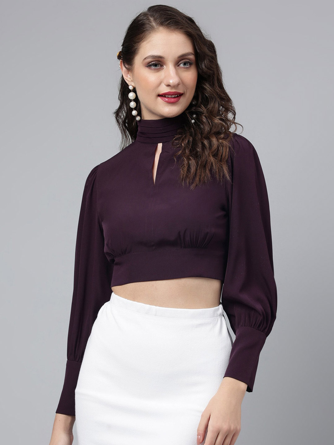 Buy Pinwheel High Neck Cuff Sleeve Crop Top With Back Tie Ups Tops