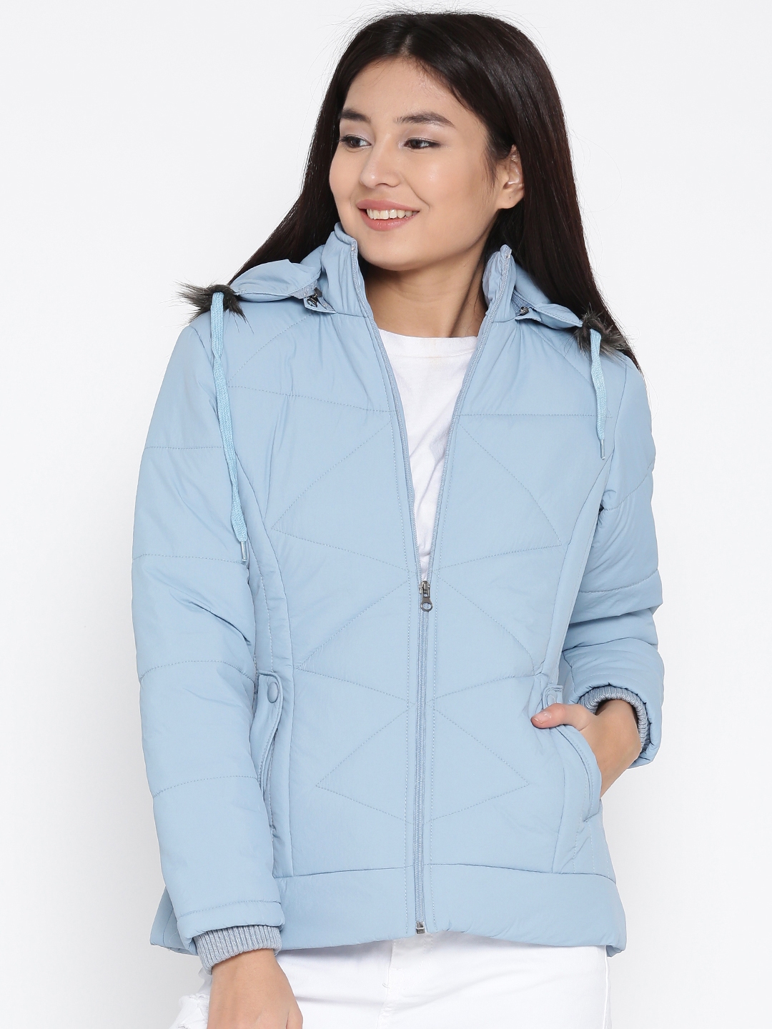 Buy Fort Collins Women Blue Solid Parka Jacket With Detachable Hood ...