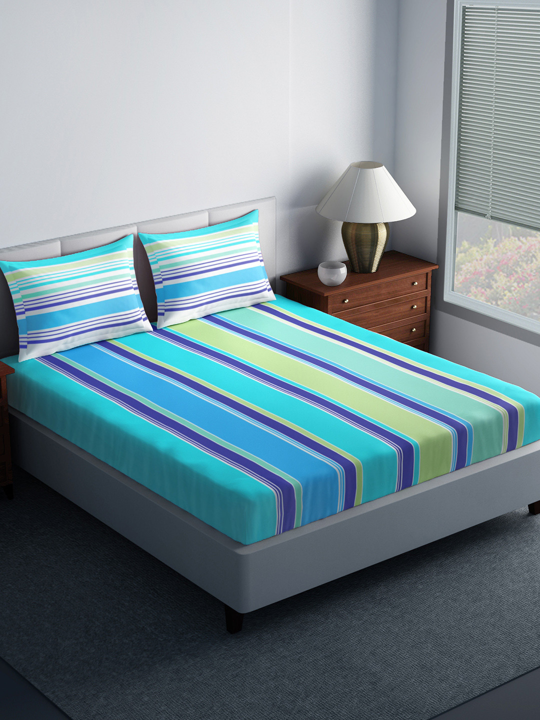 Buy SPACES Blue Striped Flat 144 TC Cotton 1 Queen Bedsheet With 2