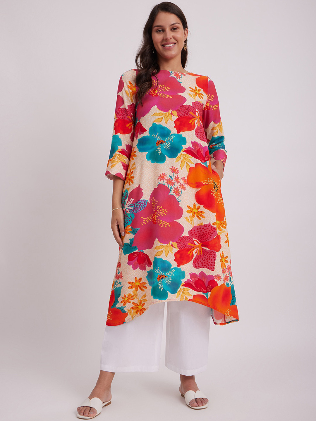 Cream And Orange Floral Printed Boat Neck 3/4Th Sleeves Straight Kurta With Palazzos main image 0