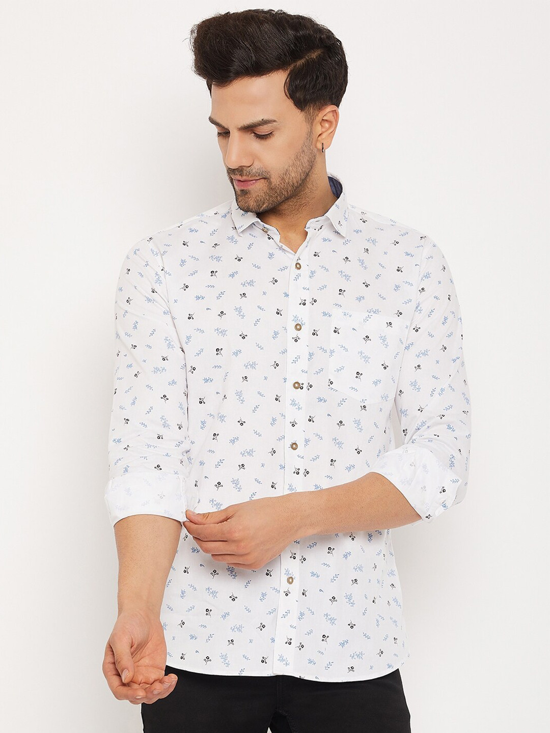 Men's White Slim Fit Floral Printed Cotton Casual Shirt main image 1