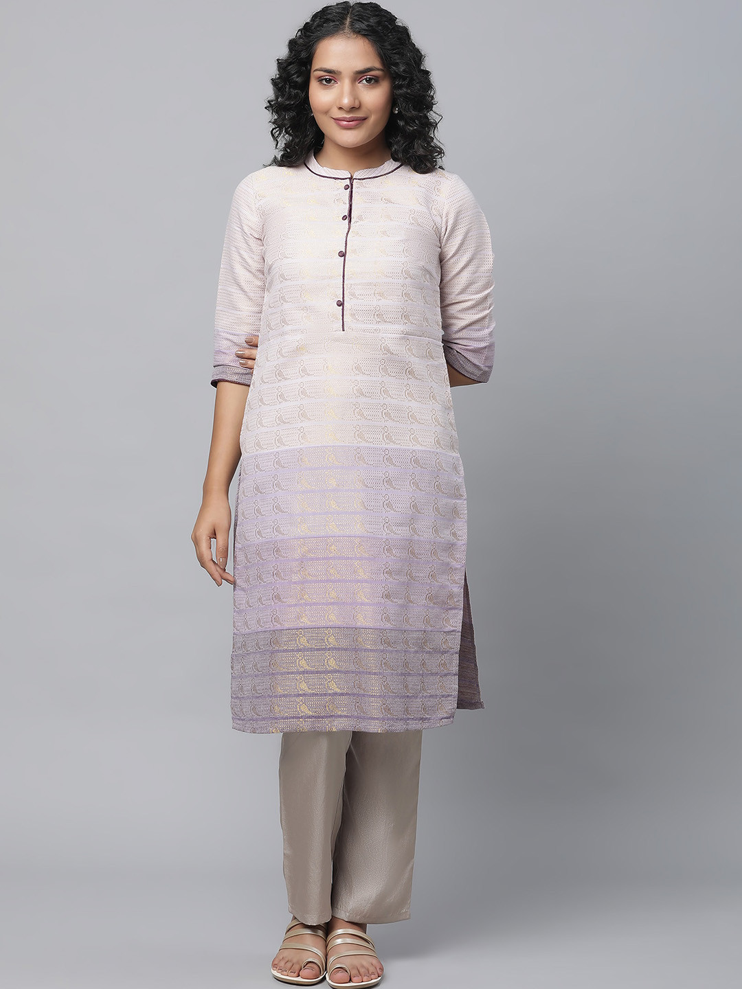 Buy AURELIA Band Collar Woven Design Zari Kurta Kurtas for Women