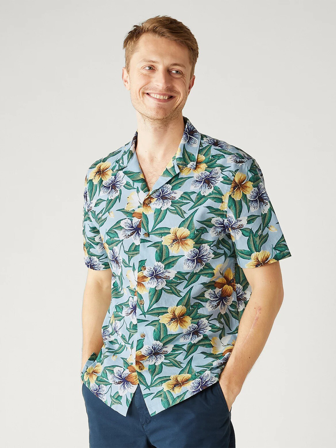 Men's Olive Floral Printed Cuban Collar Cotton Casual Shirt