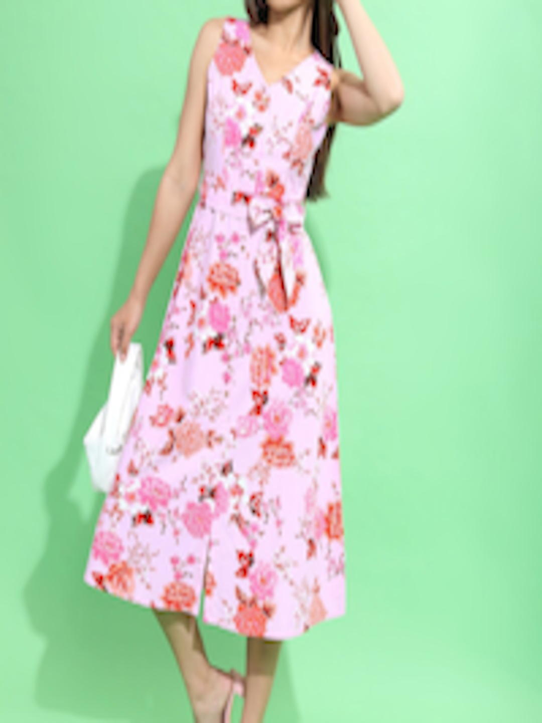 Buy Tokyo Talkies Pink V Neck Floral Print Fit & Flare Midi Dress ...