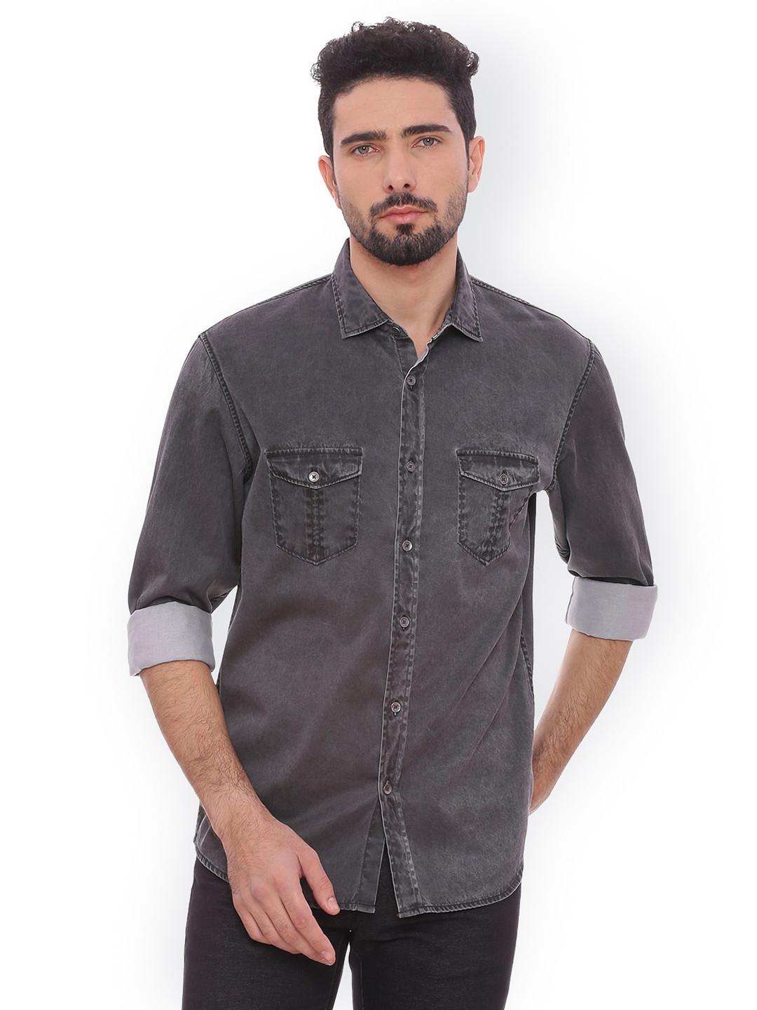 Men's Grey Solid Slim Fit Shirt