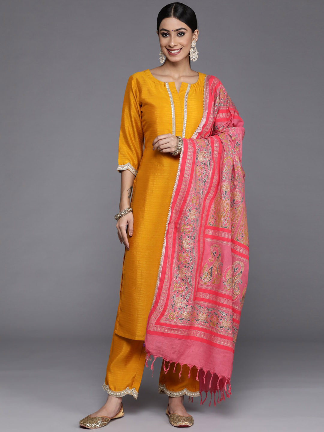 Buy Libas Mustard Yellow & Pink Notched Neck Sequined Kurta With