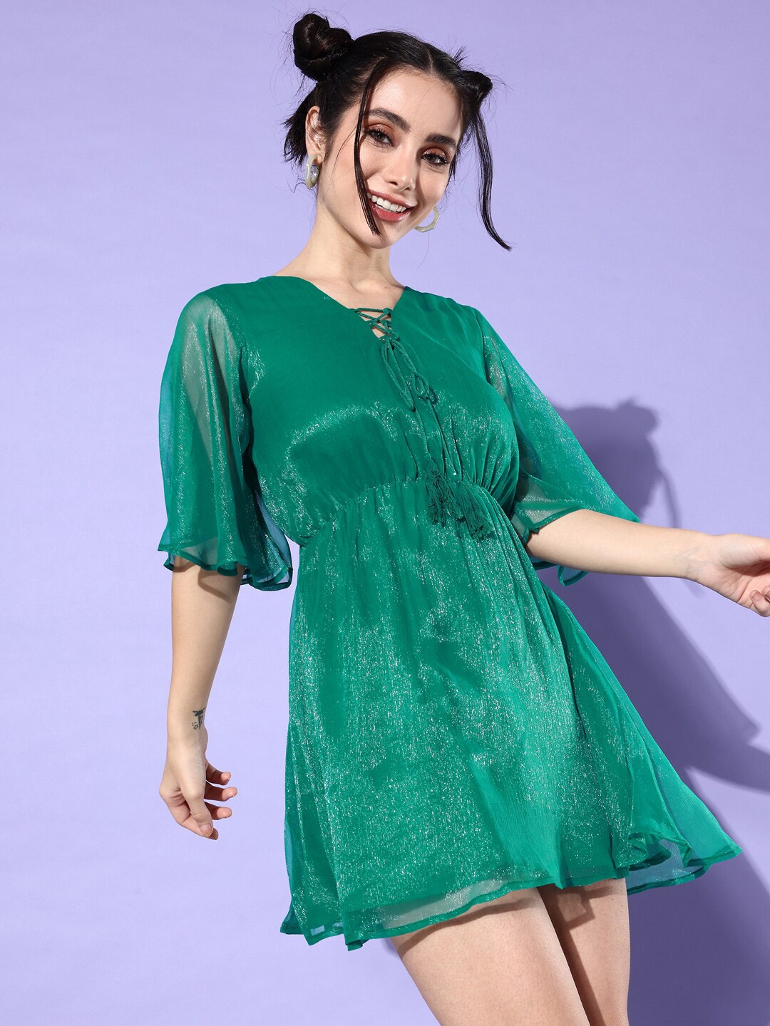 Buy DressBerry Green Flared Sleeves Silk Fit & Flare Mini Dress - Dresses for Women 23100718 ...