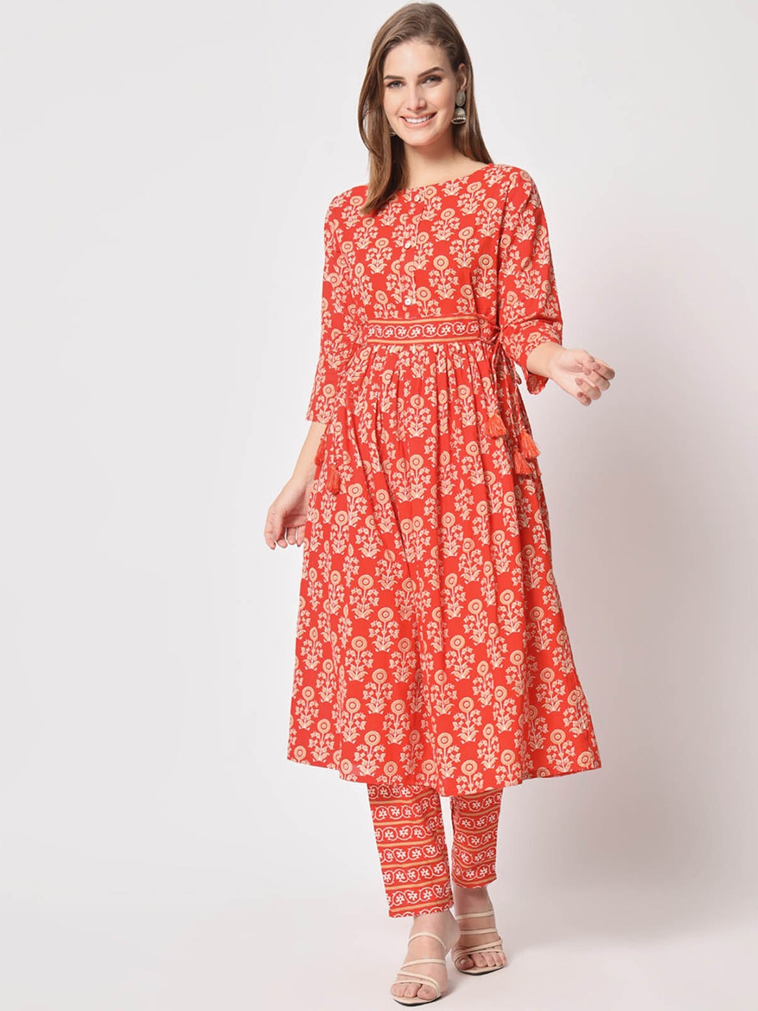 Buy ODETTE Floral Printed Pleated A Line Kurta With Trousers - Kurta ...