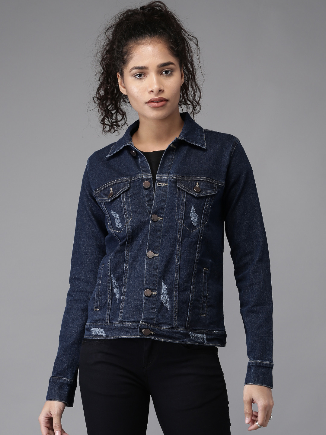 Buy HERE&NOW Women Blue Solid Denim Jacket Jackets for Women 2310783