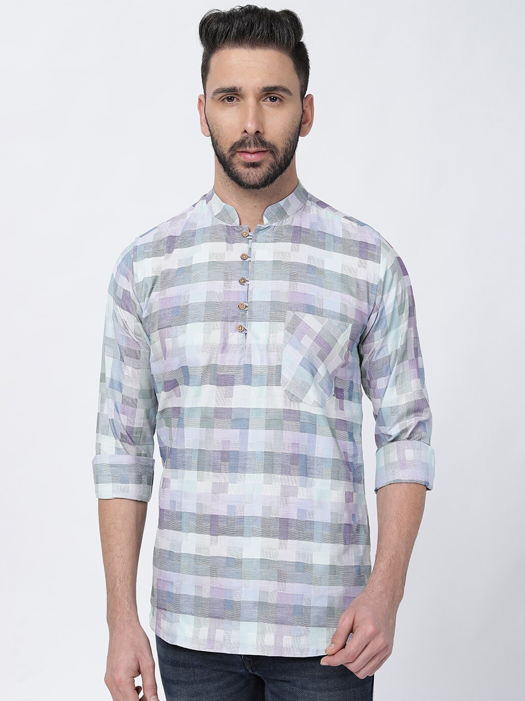 Buy FRENCH CROWN Mandarin Collar Standard Opaque Checked Casual Shirt ...