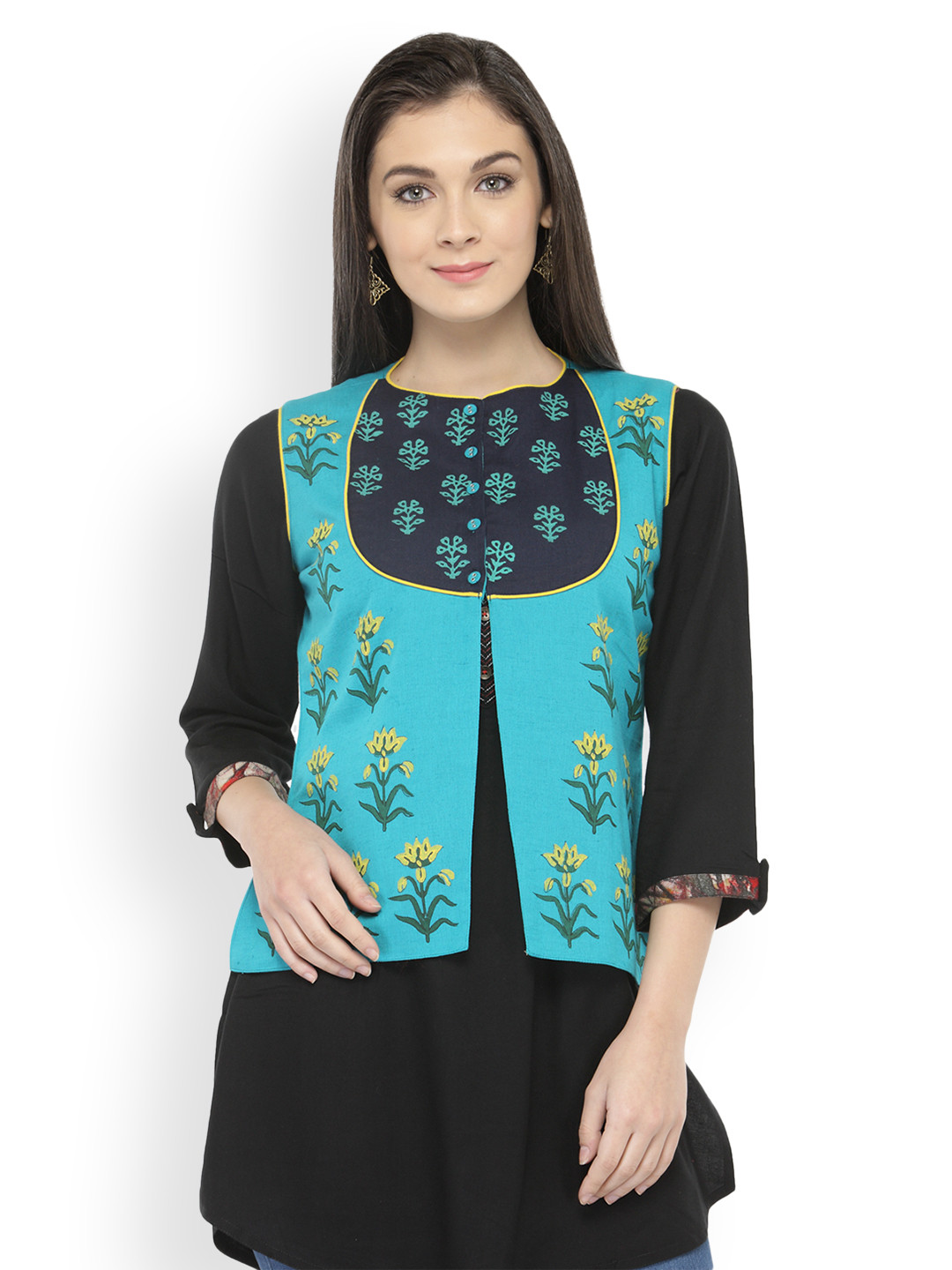 Buy Bitterlime Sea Green Block Print Pure Cotton Waistcoat Waistcoat