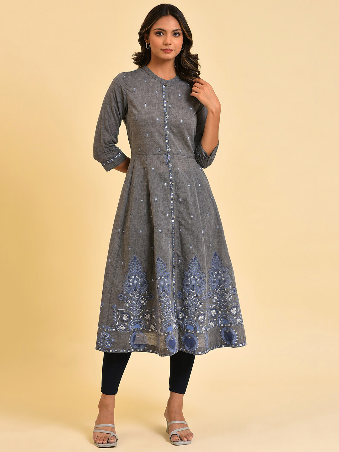 Buy W Grey & Blue Ethnic Motifs Printed Pure Cotton A Line Kurta ...