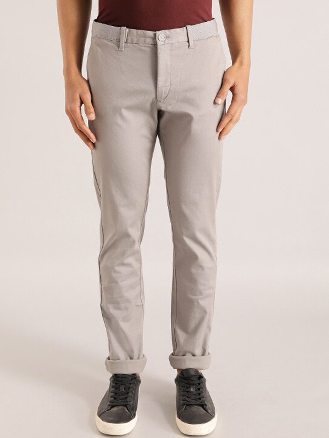 Buy Indian Terrain Men Brooklyn Mid Rise Plain Pure Cotton Slim Fit ...