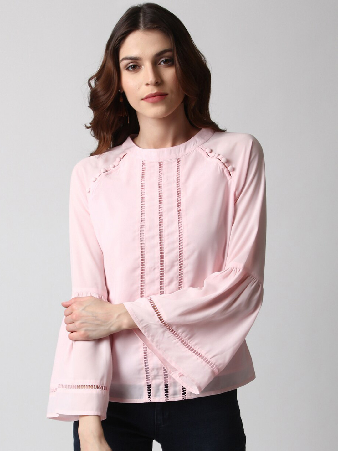 Buy Marie Claire Pink Round Neck Lace Inserts Bell Sleeves Top Tops