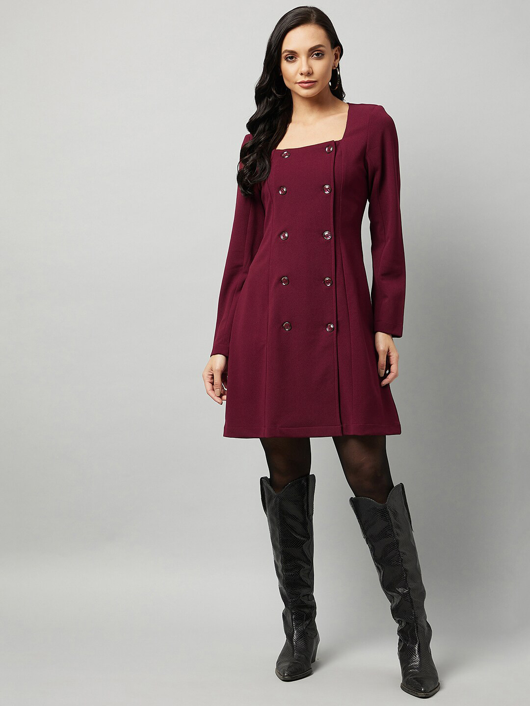 Squared Neck Sleeve Tiered Dress - Maroon main image 1