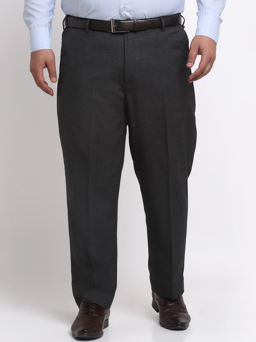 Buy PlusS Men Charcoal Mid Rise Cotton Formal Trousers Trousers for