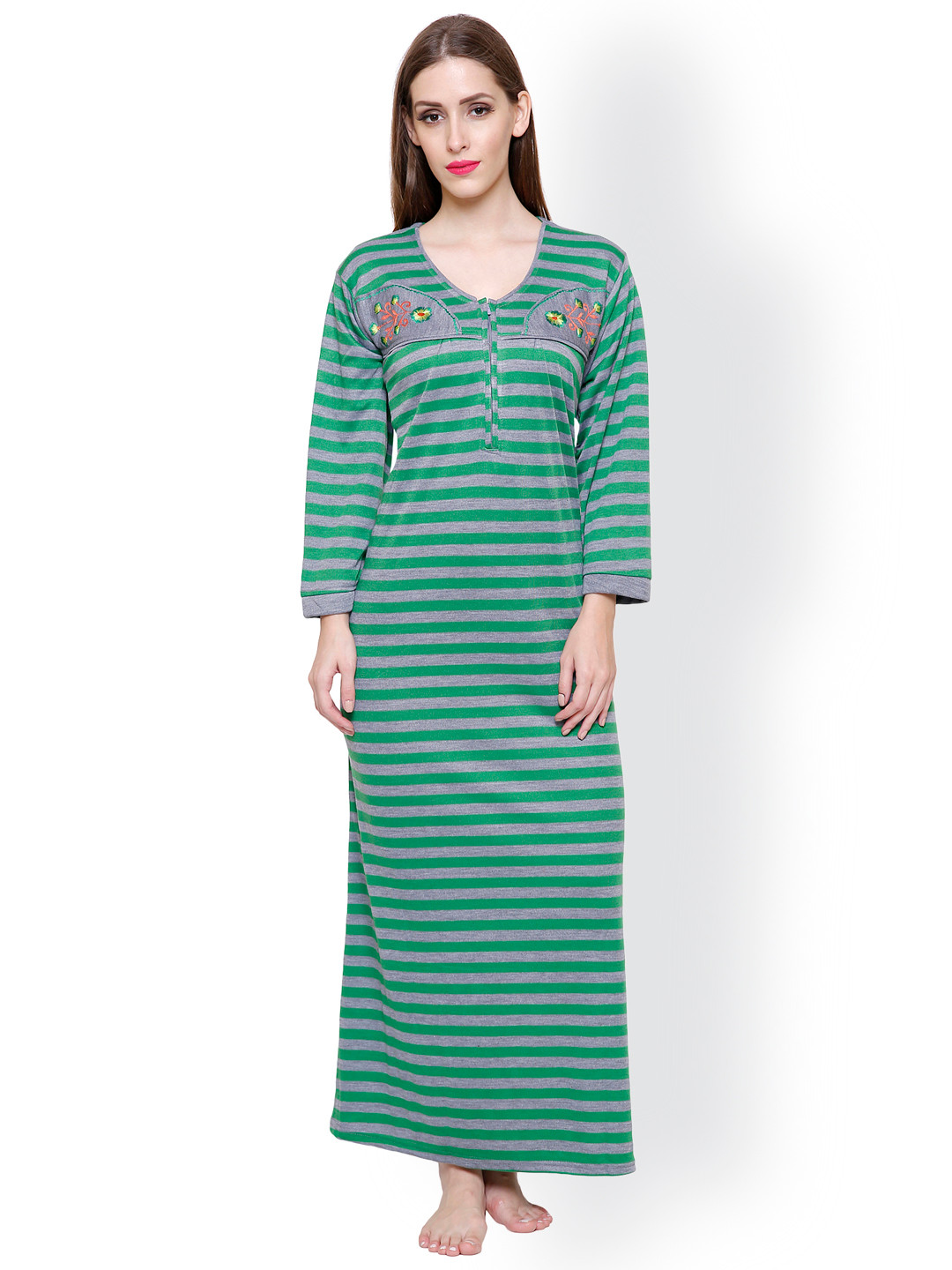Buy Secret Wish Green & Grey Striped Nightdress - Nightdress for Women 2312355 | Myntra