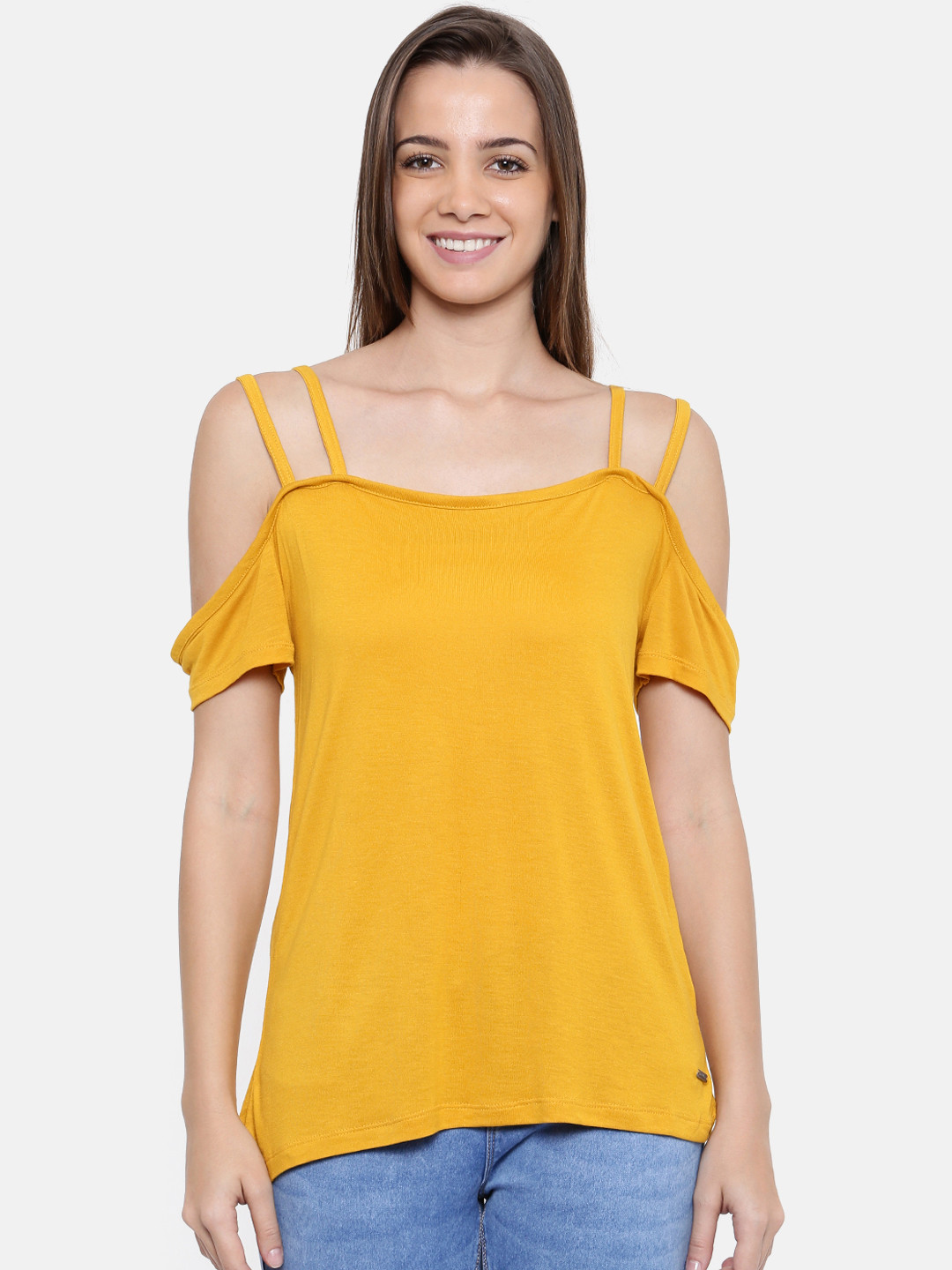 Buy Roadster Women Mustard Yellow Solid Bardot Top Tops for Women