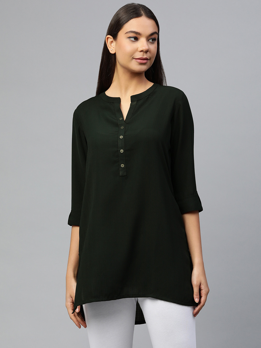 Women's Grey Embroidered Mandarin Collar A-Line Kurti
