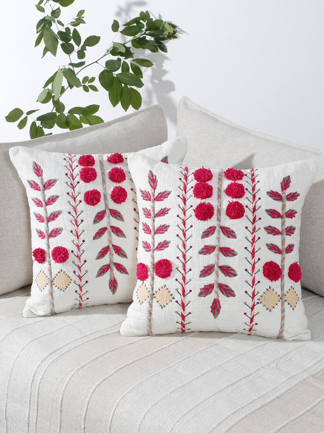 Buy Eyda White & Red 2 Pieces Cotton Embroidered Square Cushion Covers