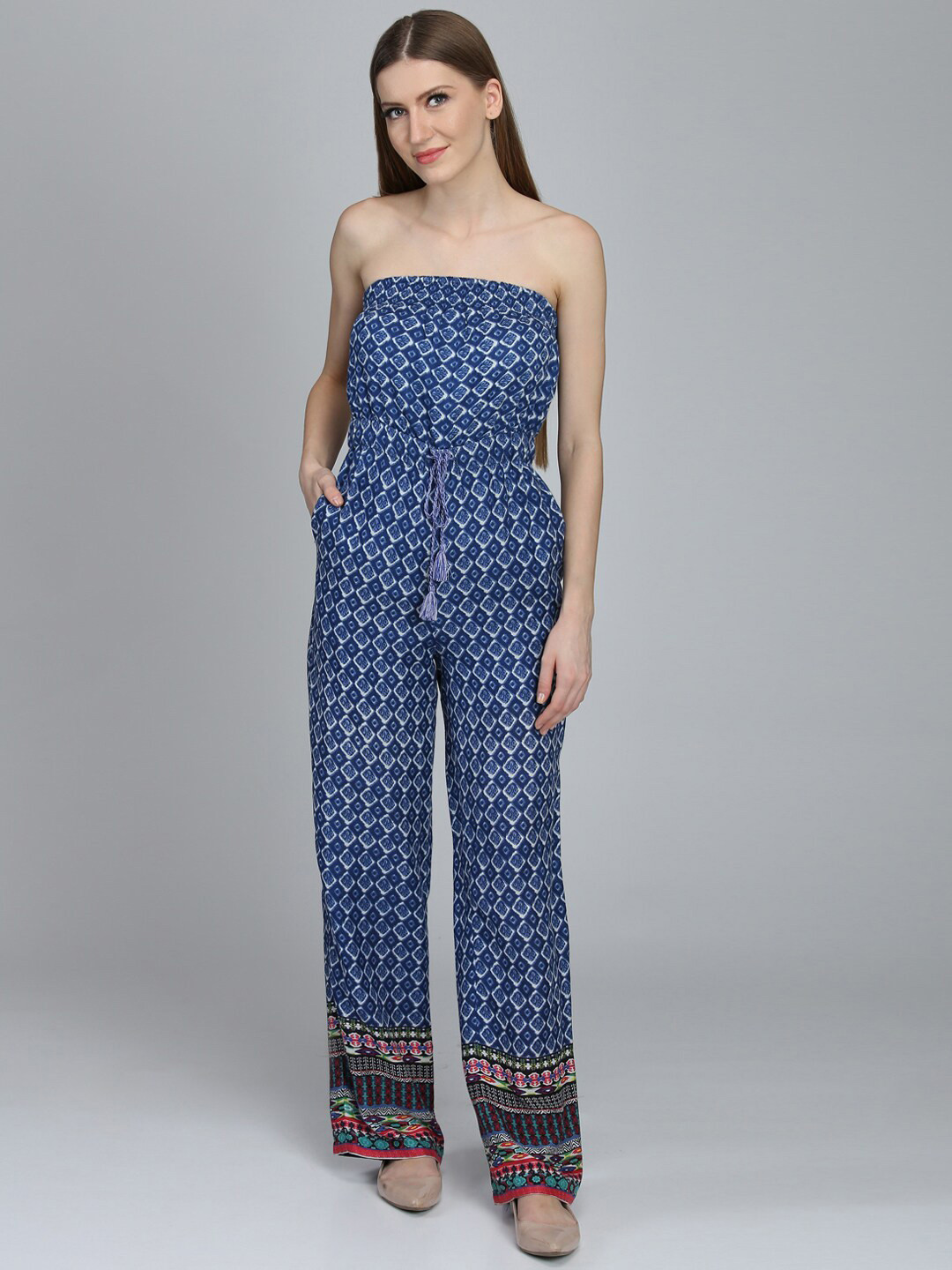 Buy DODO & MOA Blue & White Off Shoulder Printed Basic Jumpsuit