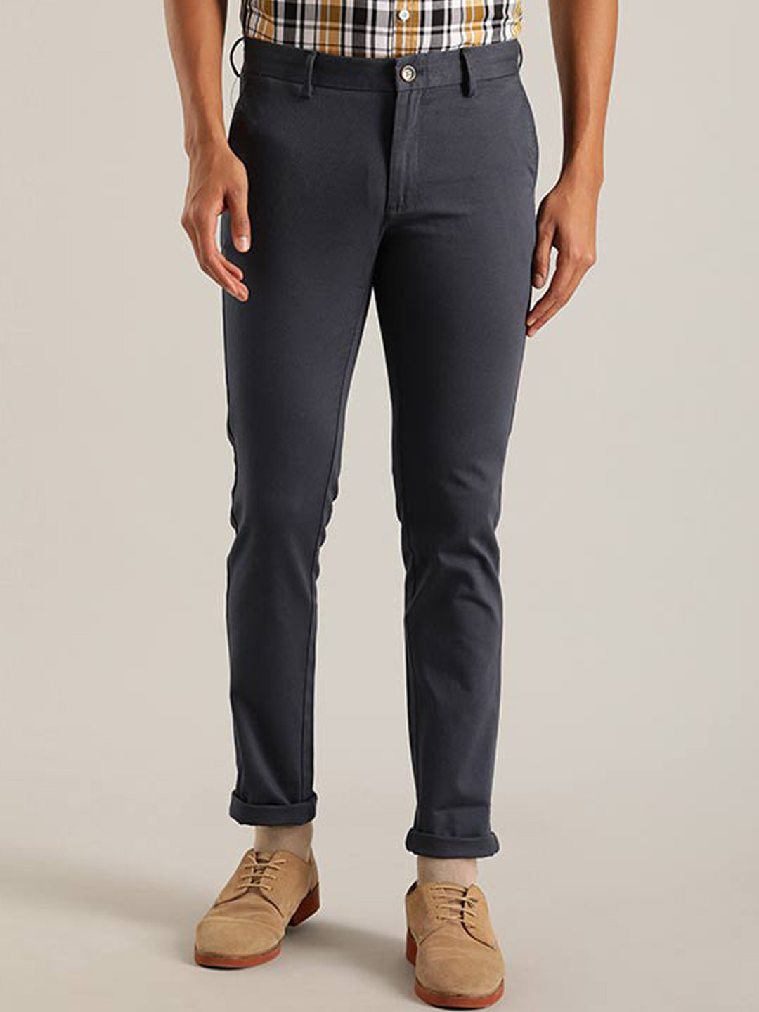 Buy Indian Terrain Men Brooklyn Mid Rise Slim Fit Cotton Trousers ...