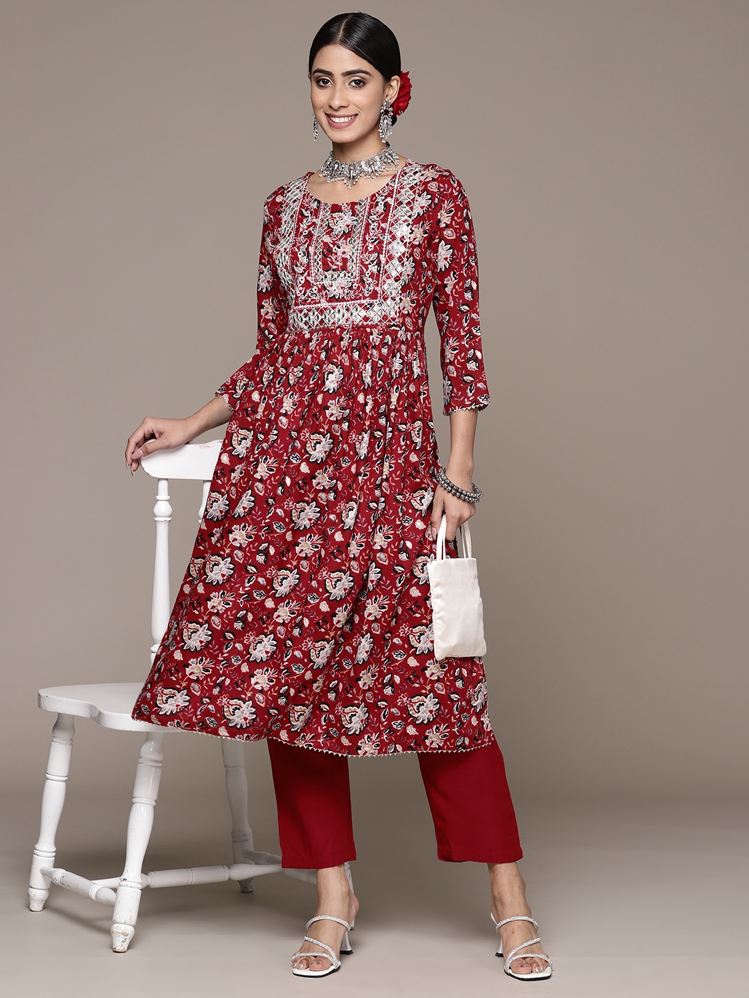 Buy Ishin Floral Embroidered Regular Mirror Work Kurta With Trousers ...