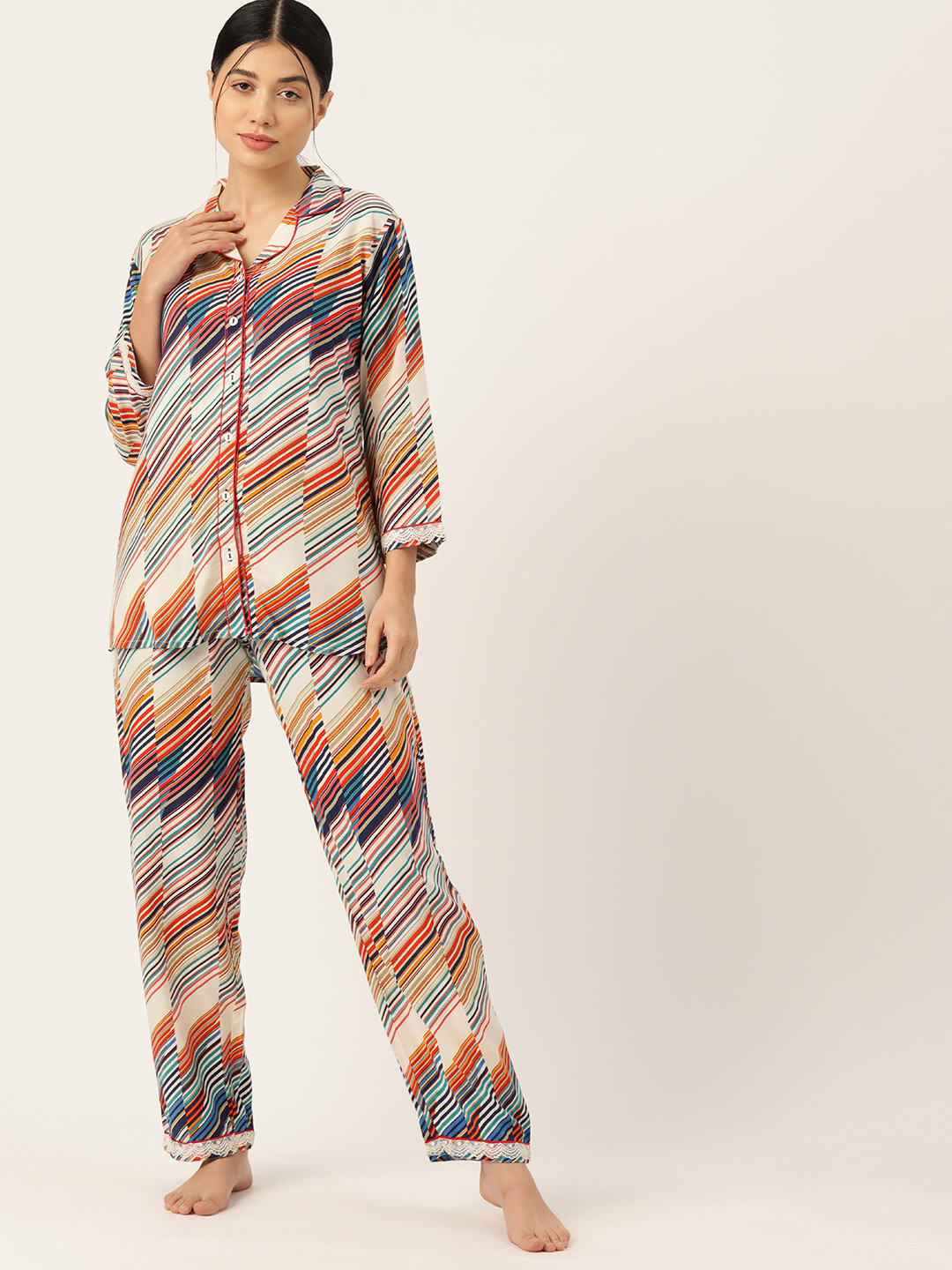 Womens Green & Off White Striped Night Suit