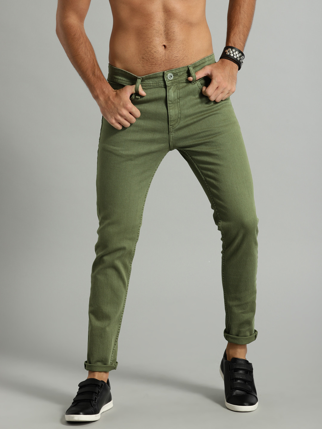 Buy Roadster Men Olive Green Skinny Fit Mid Rise Clean Look Stretchable