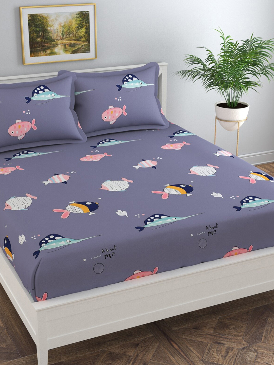 Buy Florida Cambric Blue & Pink Printed 250 TC Cotton Fitted Queen