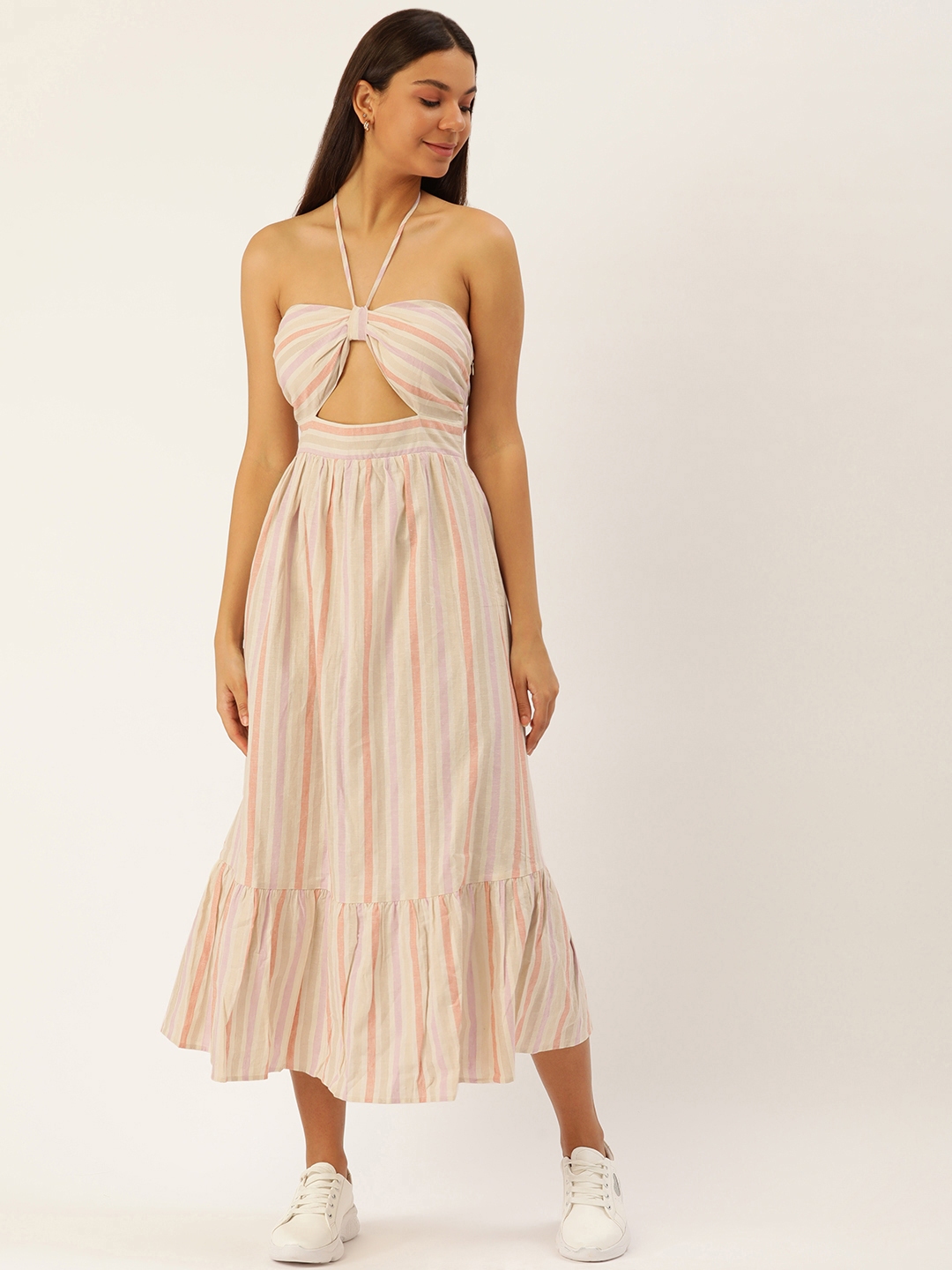 Buy FOREVER 21 Striped Halter Neck Linen Cotton A Line Maxi Dress ...