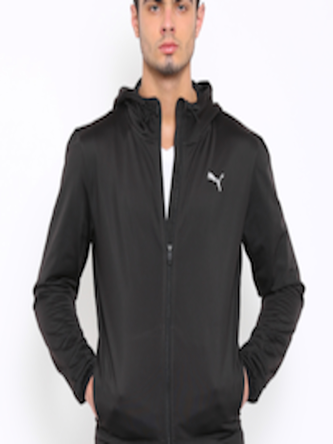 Buy Puma Black WARMESSENTIALFLEECEFZ Sporty Hooded Track Jacket ...