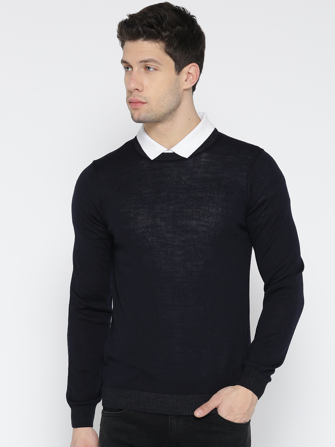 Buy Marks & Spencer Men Navy Blue Merino Wool Solid Pullover Sweaters